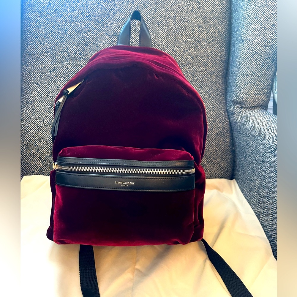 Yves Saint Laurent velvet backpack. Measures approx 9 1/2W x 13"H x 6"D
